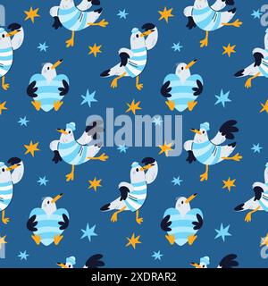 Motivo a forma di gabbiano cartoni animati senza cuciture. Uccelli marini in costume da marinaio e cappello. Pose diverse. Divertente mascotte dell'oceano. Stampa ripetuta. Uccello felice con cuore d'amore Illustrazione Vettoriale