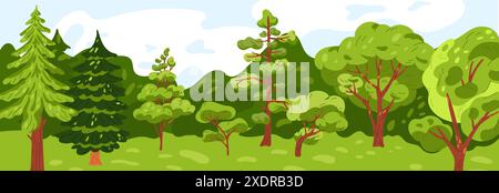 Paesaggio di alberi da cartoni animati. Vista su boschi e montagne. Sfondo verde naturale. Piante di conifere e decidue. Natura selvaggia. Boschi estivi Illustrazione Vettoriale