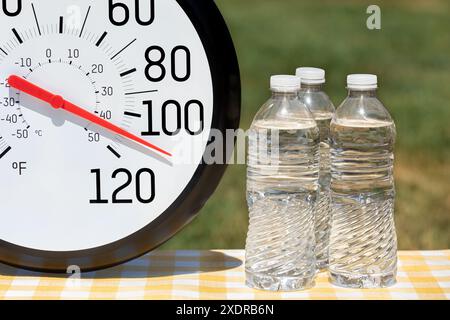 Termometro per esterni con bottiglie d'acqua al sole durante l'onda calda. Concetto di clima caldo, temperatura elevata e disidratazione. Foto Stock