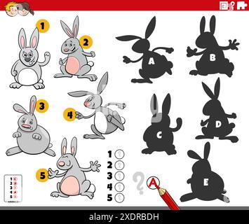 Illustrazione di cartoni animati che mostra come trovare le ombre giuste per il gioco educativo con i personaggi degli animali conigli Illustrazione Vettoriale
