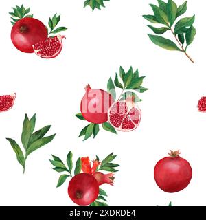 Motivo senza cuciture con melograni e foglie. Illustrazione ad acquerello fatta a mano su sfondo bianco. Per l'imballaggio di carta, tessuto, carta da parati, imballaggi Foto Stock