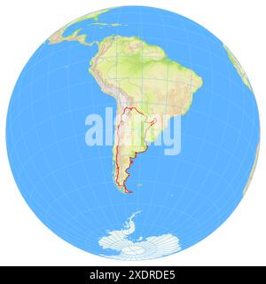 Vista della Terra dallo spazio che mostra la posizione del paese Argentina in Sud America. Il paese viene evidenziato con un poligono rosso. Piccolo coun Foto Stock