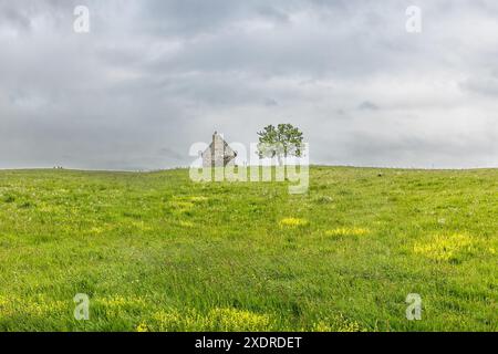 Vecchia casa in pietra abbandonata sulla collina in Alvernia, cieli datati e maltempo Foto Stock