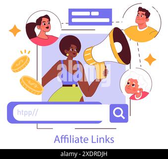 Concetto di Influencer Marketing. Rappresentazione dinamica del marketing di affiliazione con diversi influencer che promuovono i collegamenti. Comunicazione, affiliazione, diversità, guadagni. Illustrazione vettoriale. Illustrazione Vettoriale