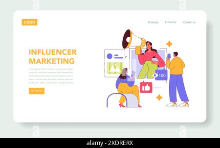 Concetto di Influencer Marketing. Promozione digitale moderna tramite influencer sui social media. Comunicazione, coinvolgimento del pubblico, fama su Internet. Illustrazione vettoriale. Illustrazione Vettoriale