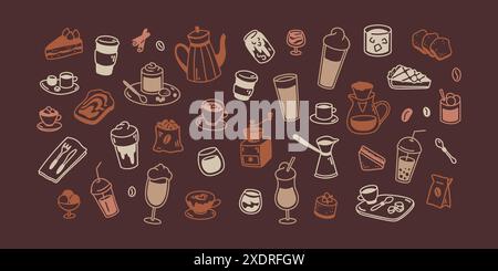 Lavagna del caffè. Bevande calde e fredde e dessert in stile doodle. Elementi alimentari carini. Icone minimaliste per ristorante, caffetteria, pasticceria, panetteria, Illustrazione Vettoriale