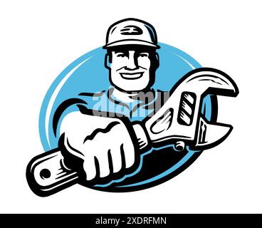 Felice meccanico che tiene in mano una chiave regolabile. Emblema o logo per lavori di riparazione o di idraulica. Illustrazione vettoriale Illustrazione Vettoriale