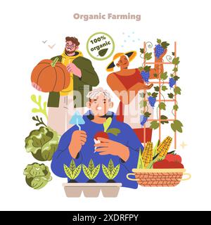 Concetto di agricoltura biologica. Persone diverse impegnate nella piantagione e nella raccolta di colture, celebrando l'agricoltura naturale. Illustrazione vettoriale. Illustrazione Vettoriale