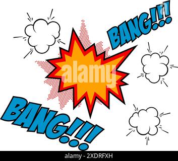 Bang-bang!!! Frase in stile comico isolata su sfondo bianco. Elemento di disegno nel vettore. Illustrazione Vettoriale