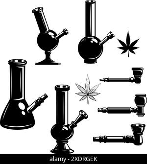 Set di foglie di cannabis, falde. Etichette, distintivi, emblemi ed elementi di design della marijuana. Marijuana medica. Illustrazione Vettoriale