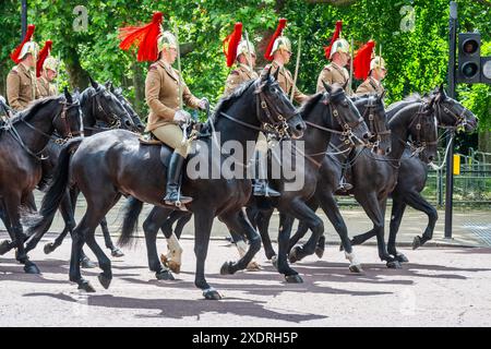 Londra, Regno Unito. 24 giugno 2024. Una prova diurna per l'accoglienza cerimoniale della visita dello Stato Giapponese che si svolgerà martedì 25 giugno. Le truppe a cavallo della Household Cavalry, delle Foot Guards e delle bande della Household Division provano le loro manovre sul Mall, a Buckingham Palace e sulla Horse Guards Parade. Crediti: Guy Bell/Alamy Live News Foto Stock