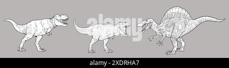 Modello di libro da colorare con dinosauri carnivori. Tyrannosaurus rex, Tarbosaurus e Spinosaurus. Foto Stock