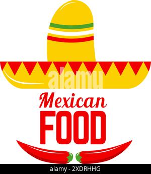 Cibo messicano. Sombrero e peperoncini. Modello di menu di cibo messicano. Illustrazione vettoriale. Illustrazione Vettoriale