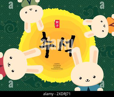 Banner natalizio Chuseok. Stampa celebrativa coreana Hangawi. Poster del giorno del Ringraziamento in Corea. Moon Cake, festival orientale del raccolto di metà autunno. Illustrazione dei cartoni animati della famiglia dei conigli felici. Traduzione: Chuseok Illustrazione Vettoriale