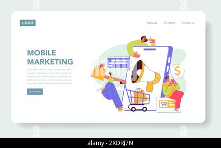 Concetto di marketing mobile. Coinvolgere i clienti attraverso la sensibilizzazione digitale sugli smartphone. Influenzare le decisioni degli acquirenti e le vendite online. Illustrazione vettoriale. Illustrazione Vettoriale