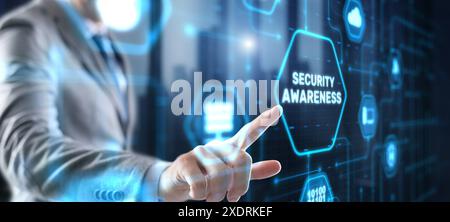 Pulsante di visualizzazione virtuale: Consapevolezza della sicurezza concetto di business, tecnologia, Internet e rete. Foto Stock