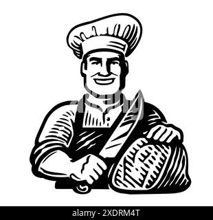 Lo chef felice taglia un pezzo di carne con un coltello. Emblema o distintivo per il menu della macelleria o del ristorante grill Illustrazione Vettoriale