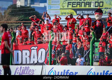 Santa Cruz do sul, Brasile. 24 giugno 2024. RS - SANTA CRUZ DO SUL - 06/23/2024 - BRASILEIRO D 2024, AVENIDA x BRASIL DE PELOTAS - tifosi del Brasile de Pelotas durante una partita contro l'Avenida allo stadio Eucaliptos per il campionato brasiliano D 2024. Foto: Vinicius Molz Schubert/AGIF credito: AGIF/Alamy Live News Foto Stock