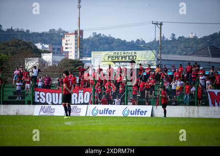 Santa Cruz do sul, Brasile. 24 giugno 2024. RS - SANTA CRUZ DO SUL - 06/23/2024 - BRASILEIRO D 2024, AVENIDA x BRASIL DE PELOTAS - tifosi del Brasile de Pelotas durante una partita contro l'Avenida allo stadio Eucaliptos per il campionato brasiliano D 2024. Foto: Vinicius Molz Schubert/AGIF credito: AGIF/Alamy Live News Foto Stock