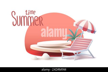 Vendita banner estate, ombrellone con lettino per il relax, scenario di vacanza al mare. Vettore Illustrazione Vettoriale