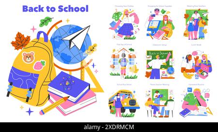Torna a scuola. Gli studenti si impegnano in diverse attività, dall'acquisto di provviste all'apprendimento in classe e alla creazione di nuovi amici. Percorso di preparazione didattica. Illustrazione vettoriale. Illustrazione Vettoriale