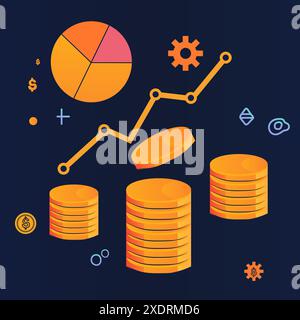 Monete d'oro impilate grafico a torta grafico a linee icone finanziarie sfondo scuro Illustrazione Vettoriale