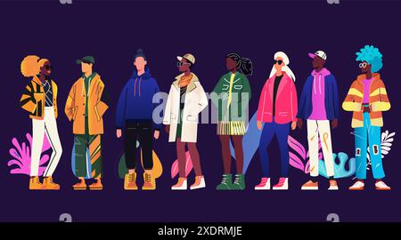 Gruppo eterogeneo di persone alla moda in abiti alla moda in una linea dai colori vivaci sfondo scuro in stile moderno Illustrazione Vettoriale