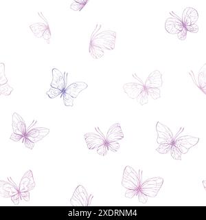 Le farfalle sono rosa, blu, lilla, volo, delicata arte di linea, clip art. Illustrazione grafica disegnata a mano con inchiostro rosa lilla. EPS con motivo senza cuciture Illustrazione Vettoriale