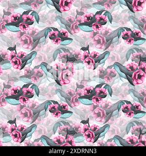 Grande balena in nero e turchese tra fiori di anemone rosa. Illustrazione acquerello, disegnata a mano. Motivo senza cuciture su sfondo bianco. Per Foto Stock