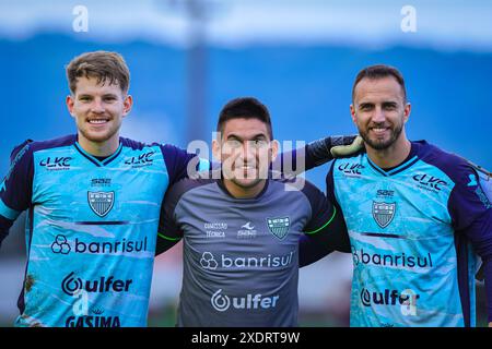 Santa Cruz do sul, Brasile. 24 giugno 2024. RS - SANTA CRUZ DO SUL - 06/23/2024 - BRASILEIRO D 2024, AVENIDA x BRASIL DE PELOTAS - i portieri dell'Avenida e l'allenatore portiere celebrano la vittoria al termine della partita contro il Brasil de Pelotas allo stadio Eucaliptos per il campionato Brasileiro D 2024. Foto: Vinicius Molz Schubert/AGIF (foto di Vinicius Molz Schubert/AGIF/Sipa USA) credito: SIPA USA/Alamy Live News Foto Stock