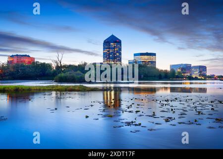 Bloomington, Minnesota, Stati Uniti, paesaggio urbano sul lago Normandale all'alba. Foto Stock