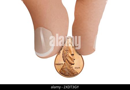 Il tema di questo penny Lincoln sembra essere pizzicato da dita e pollici in un'illustrazione in 3D. Foto Stock