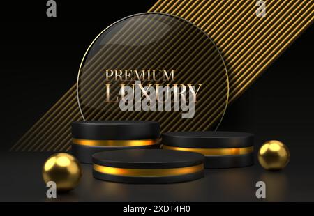 Podio prodotto. Elegante display 3d nero, dorato, plateau o palcoscenico Dark Award, ambientazione a colonna dorata. Design minimalista della promozione del prodotto. Sfondo pubblicitario. Piedistallo di rendering minimo vettoriale Illustrazione Vettoriale