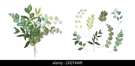 Fiori di acquerello. Foglie di acquerello floreale, rami di eucalipto e piante di alberi verdi, confini naturali. Elementi decorativi botanici isolati. Elegante stile rustico con vegetazione floreale. Set di fotogrammi vettoriali Illustrazione Vettoriale