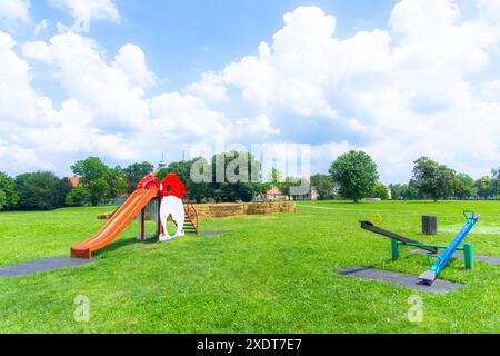 Questa immagine mostra un'attrezzatura da gioco rossa e blu posizionata su un grande campo erboso. L'attrezzatura include uno scivolo, un telaio per arrampicarsi e un'aletta. Altro Foto Stock