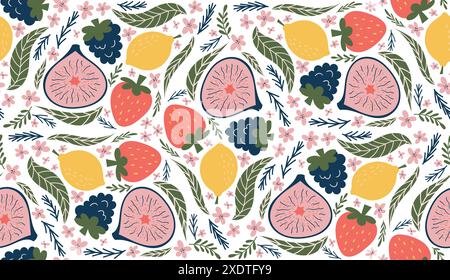 Fantasia senza cuciture con illustrazioni di more, limoni, fichi tagliati a metà, fragole rosse, fiori rosa, e foglie verdi, sistemate Illustrazione Vettoriale