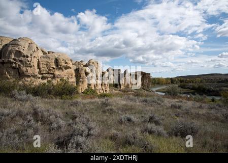 Acqua, ghiaccio e vento hanno eroso l'arenaria nel Writing-on-Stone Provincial Park in Alberta in Canada fino a forme surrealistiche. Foto Stock