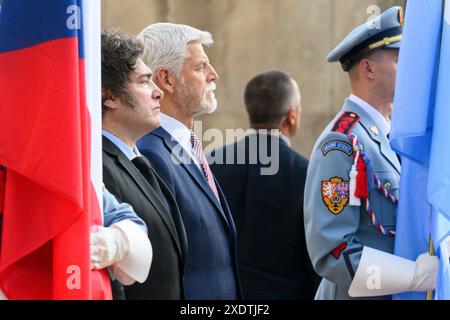 Praha, Repubblica Ceca. 24 giugno 2024. Il presidente ceco Petr Pavel (2° da sinistra) dà il benvenuto al presidente argentino Javier Milei (a sinistra) il 24 giugno 2024 al Castello di Praga, Repubblica Ceca. Crediti: Michal Kamaryt/CTK Photo/Alamy Live News Foto Stock