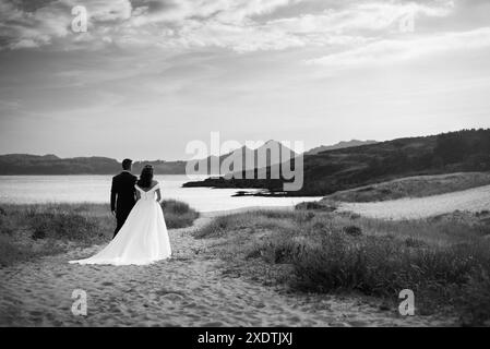 Sposa e sposo che contemplano una spiaggia dopo il matrimonio Foto Stock