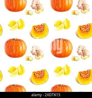 Delizioso motivo autunnale con zucche, zenzero e limoni su sfondo bianco, ideale per l'arredamento Foto Stock