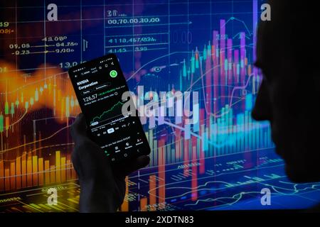 Bruxelles, Belgio. 23 giugno 2024. Il mercato azionario NVIDIA viene visualizzato su uno smartphone, in questa immagine. Presa a Bruxelles, Belgio. Il 23 giugno 2024. (Jonathan RAA/Sipa USA) *** esclusivamente per notizie editoriali *** credito: SIPA USA/Alamy Live News Foto Stock