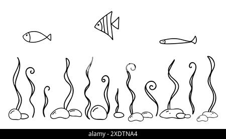 Fondale sottomarino orizzontale, composizione marina. Pesci, alghe e pietre. Disegnata a mano con disegni semplici. Illustrazione del vettore nautico in Doodle Illustrazione Vettoriale