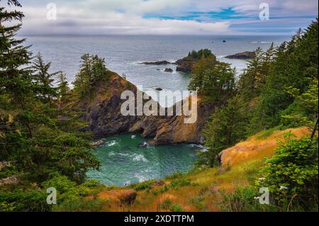 Ponti naturali lungo la costa dell'Oregon con aspre scogliere e l'Oceano Pacifico Foto Stock