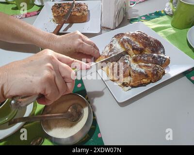 Spuntino con yogurt e pane al sesamo, ciambelle, tazza verde, tovaglioli, latte, cucchiaio, tovaglioli, zucchero e le mani di una donna che rompono la ciambella. Foto Stock