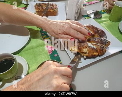 Spuntino con yogurt e pane al sesamo, ciambelle, tazza verde, tovaglioli, latte, cucchiaio, tovaglioli, zucchero e le mani di una donna che rompono la ciambella. Foto Stock