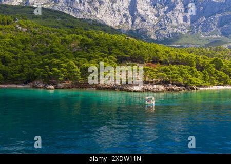 Una piccola barca con turisti galleggia lentamente su acque limpide. Costa incredibile. Fotografia aerea. Le montagne sono ricoperte di verde, il blu tran Foto Stock