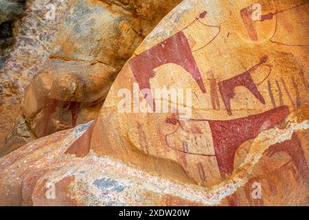 5000 a.C., antiche opere d'arte rupestri tribali incisioni primitive di animali da allevamento, Laas Geel, Maroodi Jeex, Hargeisa, Somaliland Foto Stock