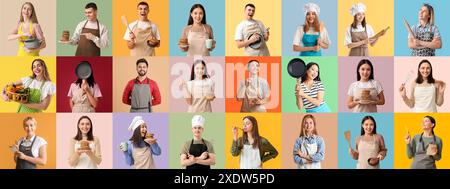 Gruppo di persone che indossano grembiuli su sfondo colorato Foto Stock