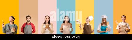 Set di persone felici che indossano grembiuli su sfondo colorato Foto Stock