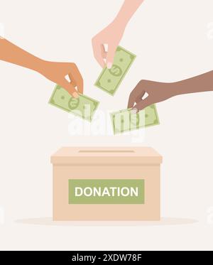 Mani di donne di diverse nazionalità e tonalità di pelle che mettono banconote da un dollaro in una scatola di donazione. Illustrazione vettoriale piatta Illustrazione Vettoriale
